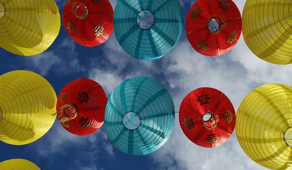 Chinese paper lanterns hanging with thin wire or rope