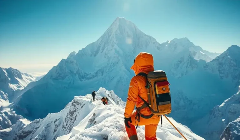 Climber nearing the summit of Mount Everest with snow-covered peaks in the background under a clear blue sky.